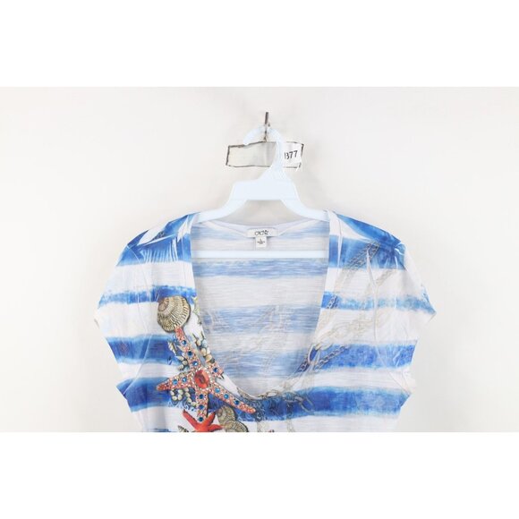 Vintage Y2K Cache Women Large Babydoll Beach Chain All Over Print T-Shirt USA - Picture 2 of 14